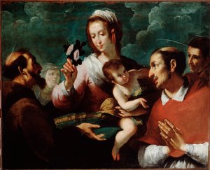 Jomfru og barn med Charles Borromee (Jomfru og barn med den hellige Carlo Borromeo) Maleri af Giovanni Andrea de Ferrari (ca. 1598-1669) Genes, Musei di Strada Nuova (ex Palazzo Bianco)
