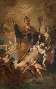 Sydlige tværskib, San Benedettos alter, Sankt Benedikt i Gloria mens han velsigner byen, altertavle af Giovanni Angelo Borroni, San Benedetto i Gloria mens han velsigner byen 1744 af Giovanni Angelo Borroni