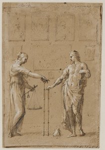 En mand og en kvinde i antikke kostumer, hver med vægt og lineal, foran en væg med malerier. En pung på gulvet foran manden af Giovanni Angelo Canini
