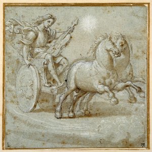 Apollo siddende i sin vogn med sin viol (sort kridt, pen & brunt blæk med brun vask forhøjet med hvid kropsfarve på carta azzurra) af Giovanni Antonio (circle of) Pordenone