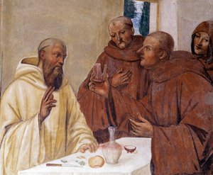 Benedikt bryder et glas forgiftet vin og laver korsets tegn. Detaljefresko af cloitre lavet af Antonio Bazzi dit il Sodoma (1477 - 1549), der fortæller om livet for Saint Benedict of Nursie (480 - 567), grundlæggeren af Benediktinerordenen 1503 - 1508 af Giovanni Antonio Bazzi Sodoma