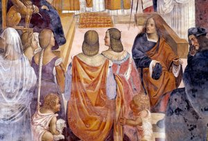 Benedikt ekskommunikerede to nonner og frikender dem efter deres død. Detail Cloister fresco af Antonio Bazzi dit il Sodoma (1477 - 1549), der fortæller om livet for Saint Benedict of Nursie (480 - 567) grundlægger af Benediktinerordenen 1503 - 1508 Abbey  af Giovanni Antonio Bazzi Sodoma