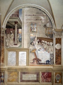 Benedikt får mel i overflod og fodrer munkenes freskomaleri i klostret lavet af Antonio Bazzi dit il Sodoma (1477 - 1549), der fortæller om livet for Sankt Benedikt af Nursie (480 - 567), grundlægger af Benediktinerordenen 1503 - 1508 Abbey. Oliveto af Giovanni Antonio Bazzi Sodoma
