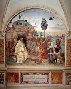 Hvordan Benedikt underviser den hellige lære til bønderne, der besøger ham (Sankt Benedikt lærer den hellige lære til bonden, der besøger ham) Fresko af klostret lavet af Antonio Bazzi dit il Sodoma (1477 - 1549), der fortæller om Sankt Benedikt af Nurs