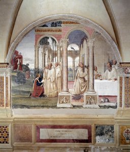 Hvordan Florent forsøger at forgifte Benoit (Hvordan Fiorenzo forsøger at forgifte St. Benedict) - Vægfresko lavet af Antonio Bazzi dit il Sodoma (1477 - 1549), der fortæller om livet for den hellige Benedikt (480 - 567) grundlæggeren af Benediktinerordene