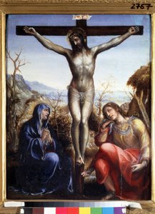 La crucifixion avec la Vierge et Jean Baptiste (Korsfæstelsen med Jomfru og Johannes døberen). Indskriften ""I.N.R.I."" (INRI) på korset. Maleri af Sodoma (eller Giovanni Antonio Bazzi af Giovanni Antonio Bazzi Sodoma