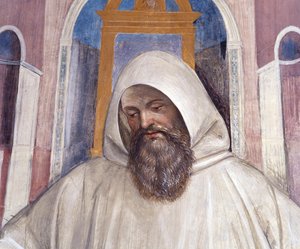 Sankt Benedikt giver reglen til olivenmunkene. Detaljeret fresko af klostret lavet af Antonio Bazzi dit il Sodoma (1477 - 1549), der fortæller om livet for Sankt Benedikt af Nursie (480 - 567), grundlægger af Benediktinerordenen 1503 - 1508 Abbey of Monte  af Giovanni Antonio Bazzi Sodoma