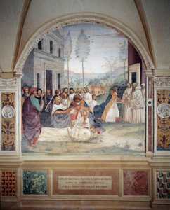 St. Benedikt bærer Kristi legeme på kroppen af den munk, som jorden nægter at begrave freskomaleri af cloitre lavet af Antonio Bazzi dit il Sodoma (1477 - 1549), der fortæller om livet for den hellige Benedikt af Nursie (480 - 567) grundlæggeren af Benedi- af Giovanni Antonio Bazzi Sodoma