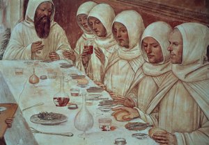 St. Benedikt havde fået rigeligt mel og fodret munkene, en detalje fra St. Benedikts liv af Giovanni Antonio Bazzi Sodoma