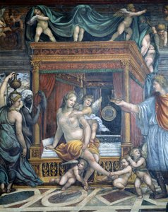 Sala delle Nozze di Alessandro e Rossana Hallen for Alexander den Stores ægteskab 356-323 f.Kr. og Roxanne-detaljen af Roxanne i hendes sengekammer, der blev overrakt en krone af Alexander, ca. 1513 fr.