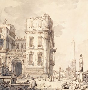 En capriccio af et venetiansk palads med udsigt over en piazza med en obelisk, af Giovanni Antonio Canal
