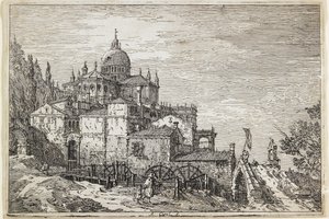 Landskab med Kirke, Huse og Mølle af Giovanni Antonio Canal