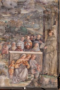 St. Anthony ankommer til Padua, hvor han genopretter freden mellem borgerne med styrken og sødmen fra sin forkyndelse, School of the Saint, detalje fra 2196876 af Giovanni Antonio Corona