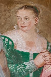 Kvindefigur, detalje af Scipios nåde, kaminrummet, ca. 1560-65 (fresco)