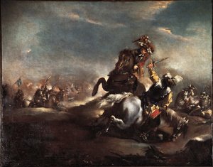 Duel of Knights (Knights fighting) Maleri af Giovanni Antonio Guardi (1699-1760) Venedig Museo Correr