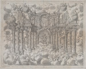 Plade 2 [modsikker]: Scenesæt med allegoriske figurer siddende blandt skyerne, med en..., 1690. af Giovanni Antonio Lorenzini