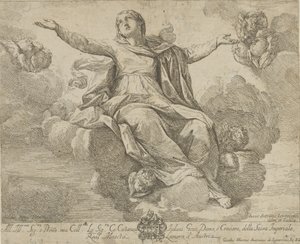 Jomfruens himmelfart, som sidder i skyerne med udstrakte arme, ang..., 1685-1720. af Giovanni Antonio Lorenzini