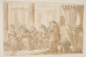 En gruppe på fem præster taler med en lægmand af Giovanni Antonio Pellegrini