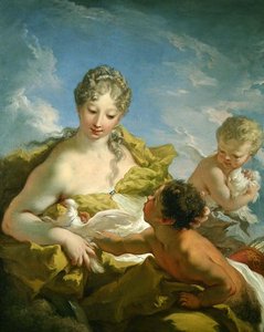 Venus og Amor (olie på lærred) af Giovanni Antonio Pellegrini