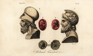 Buster og ædelstene af athenske politikere Miltiades den Yngre 1,2, Themistokles 3,4 og Kong Pyrrhus I 5