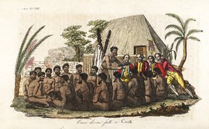 Hawaiianske indfødte tilbyder en offergris til kaptajn James Cook før 12 præster og et træidol i det hellige Orono-hus. Håndfarvet kobberplade indgraveret af Sasso efter John Webber fra Giulio Ferrario
