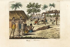 Menneskeofring i en hellig marae (Morai) eller kirkegård, Tahiti. Trommeslagere til venstre, et svinebundet offer og to gravegravere, der graver en grav foran en bunke menneskekranier og pilekogger. Håndfarvet kobberstik indgraveret af Sasso efter John Web