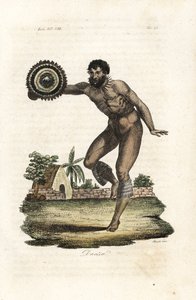 Nøgen tatoveret mand fra Hawaii (Sandwichøerne) danser for kaptajn James Cook