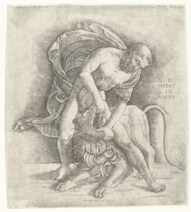 Hercules kæmper mod Nemean-løven Herkules erobrer Nemean-løven D HERC IN VICTO (titel på objekt)