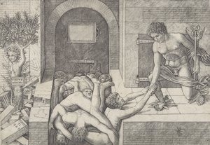 Uvidenhed og Mercury en allegori om dyd og last, Mercury knæler til højre..., ca. 1490-1525.