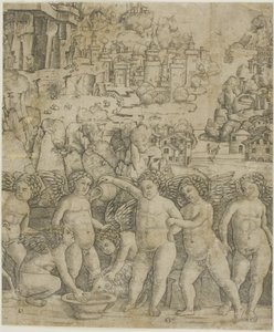 Syv amoriner med to væddere i et landskab af Giovanni Antonio da Brescia