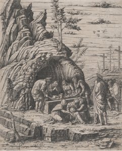 Kristi gravlæggelse, der bliver sænket af to mænd i en stengrav før..., ca. 1470-1500.