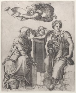 To kvindeskikkelser siddende i skyerne flankerende en engel og en anden flyvende over ..., ca. 1510-25. af Giovanni Antonio da Brescia