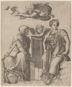 To sibyller og en engel af Giovanni Antonio da Brescia after Raphael