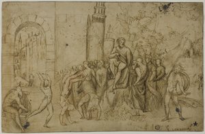 Akrobater optræder foran en lineal (recto); udendørs scene med gruppe af figurer (verso) af Giovanni Antonio da Pordenone