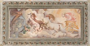 Solens Vogn drevet af Apollo, Apollo Loggia, ca. 1560 (fresco) af Giovanni Battista and Cambiaso Luca Castello