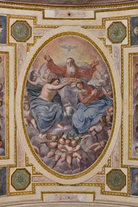 Genova, Duomo (St. Lawrence Cathedral), interiør, The Lercari Chapel eller The Chapel of the Blessed Sacrament (Nord apsis), hvælving: "Coronation of the Virgin", fresko af Giovanni Battista Castello kendt som Bergamasco