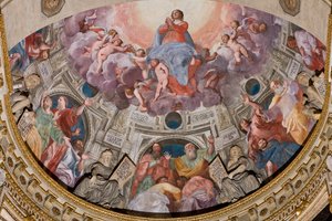 Genova, Duomo (St. Lawrence Cathedral), indvendigt, Lercari-kapellet eller Det Hellige Sakraments kapel (nordlige apsis), apsis: "Jomfruens himmelfart", fresko af Giovanni Battista Castello kendt som Bergamasco