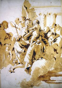 Madonna og barn med engle, hellige og spædbarnet Johannes Døberen (pen og brunt blæk og vask på papir) af Giovanni Battista Tiepolo