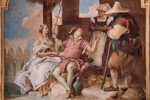 Palazzina (lille bygning): andet rum eller rum i Ariosto med fresker, der repræsenterer episoder fra "Orlando Furioso": "Angelica og Medoro i hyrdernes hus" af Giovanni Battista Tiepolo