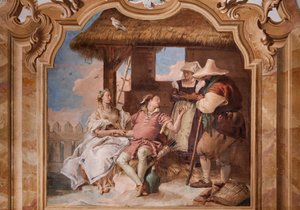 Palazzina (lille bygning): andet rum eller rum i Ariosto med fresker, der repræsenterer episoder fra "Orlando Furioso": "Angelica og Medoro i hyrdernes hus" af Giovanni Battista Tiepolo