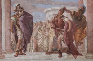 Palazzina (lille bygning): udsigt over det første rum og dets fresker, der repræsenterer episoder fra Iliaden: "Athena forhindrer Achilleus i at trække sit sværd mod Agamemnon", detaljer af Giovanni Battista Tiepolo