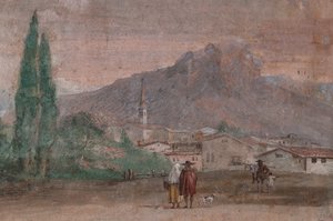 Palazzina (lille bygning): udsigt over det første rum og dets fresker, der repræsenterer episoder fra Iliaden: "Amor med pile, der flyver over et venetiansk landskab", detaljer vedrørende landskabet af Giovanni Battista Tiepolo