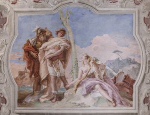 Palazzina (lille bygning): udsigt over det fjerde rum eller af Torquato Tasso, med freescoes, der repræsenterer episoder af "Jerusalem Delivered": "Rinaldo, eskorteret af Ubaldo og Carlo, forlader Armida" af Giovanni Battista Tiepolo