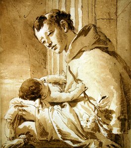 Sankt Antonius holder Kristusbarnet (pen, brun blæk og vask) af Giovanni Battista Tiepolo