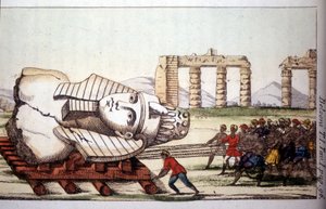 Transport af busten af Memnon på Nilens bred af Belzoni. Giovanni Battista (Gianbattista) Belzoni (1778-1823), italiensk opdagelsesrejsende og arkæolog, har gjort vigtige arkæologiske opdagelser i Egypten. Gravering - i "" Viaggio i Egitto e af Giovanni Battista (after) Belzoni