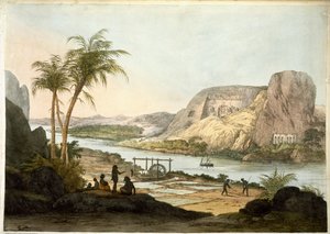 Udvendigt billede af de to templer i Abu Simbel, fra plader illustrerende for forskerne i Egypten og Nubien, offentliggjort 1822