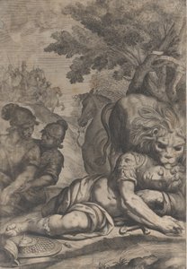 En løve oven på en faldet rytter til højre med to andre soldater til venstre, 1640-70.