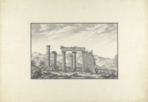Udsigt over ruinerne af et ionisk tempel ved Sardis, sandsynligvis Neptuntemplet, ca. 1750 (grå vask, pen & blæk og blyant på papir) af Giovanni Battista Borra