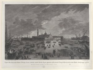 Natlig udsigt over processionen juleaften for Dogen og det venetianske senat til San G..., 1763. af Giovanni Battista Brostoloni