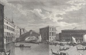 Rialtobroen, Venedig, med både og gondoler i vandet, 1763.